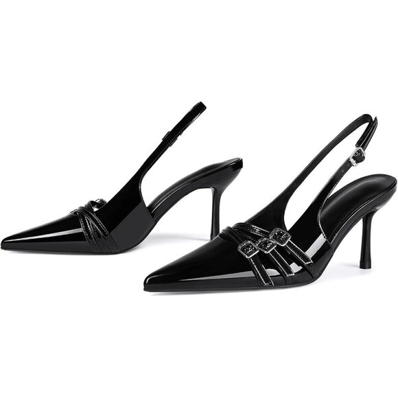 🆕Women Black Stiletto Heels Pointed Toe Slip On Pumps Closed Toe Heeled Sandal - Picture 5 of 7